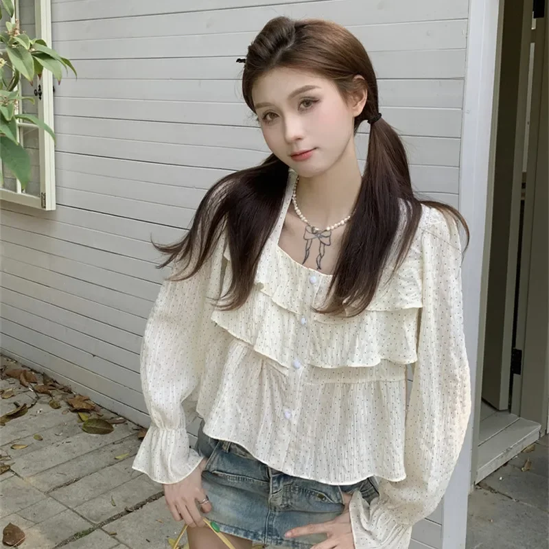 

2025 French Sweet Ruffle Shirts Women Fashion New Straight Polka Dot Square Neck Long Sleeve Cropped Tops Female