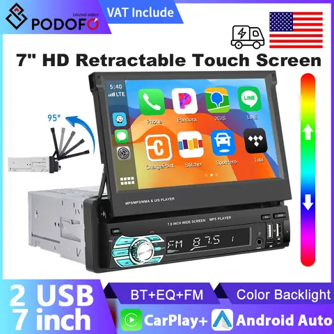 Podofo 1din MP5 CarPlay Player Wireless Android Auto Car Radio FM RDS Stereo 7inch Retractable Touch Screen Multimedia Player