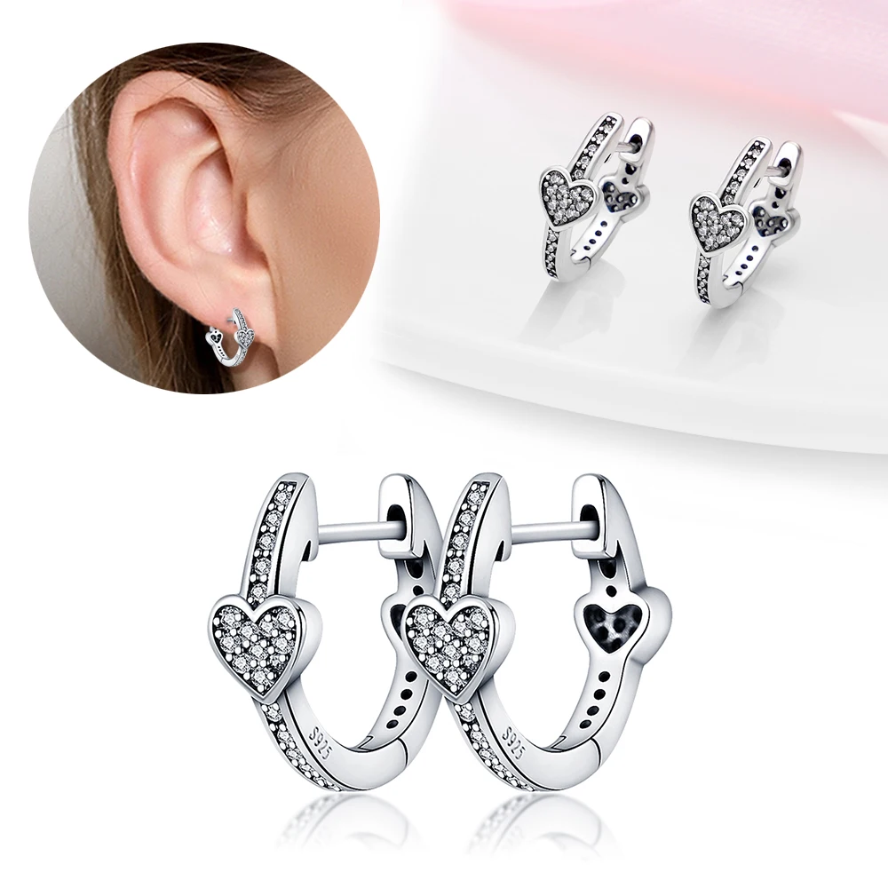 

925 Sterling Silver Sparkling Heart Hoop Earrings Fit Original Bracelet For Jewelry Making