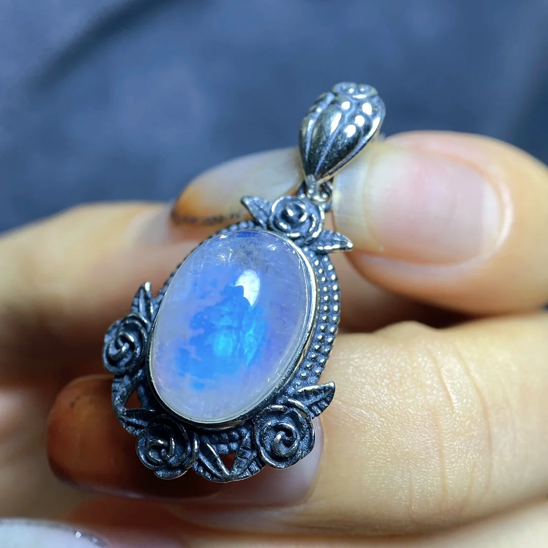 

Jewelries gemstone colgantes mujer pure natural blue moonstone large pendant S925 sterling silver heavy setting vintage oval