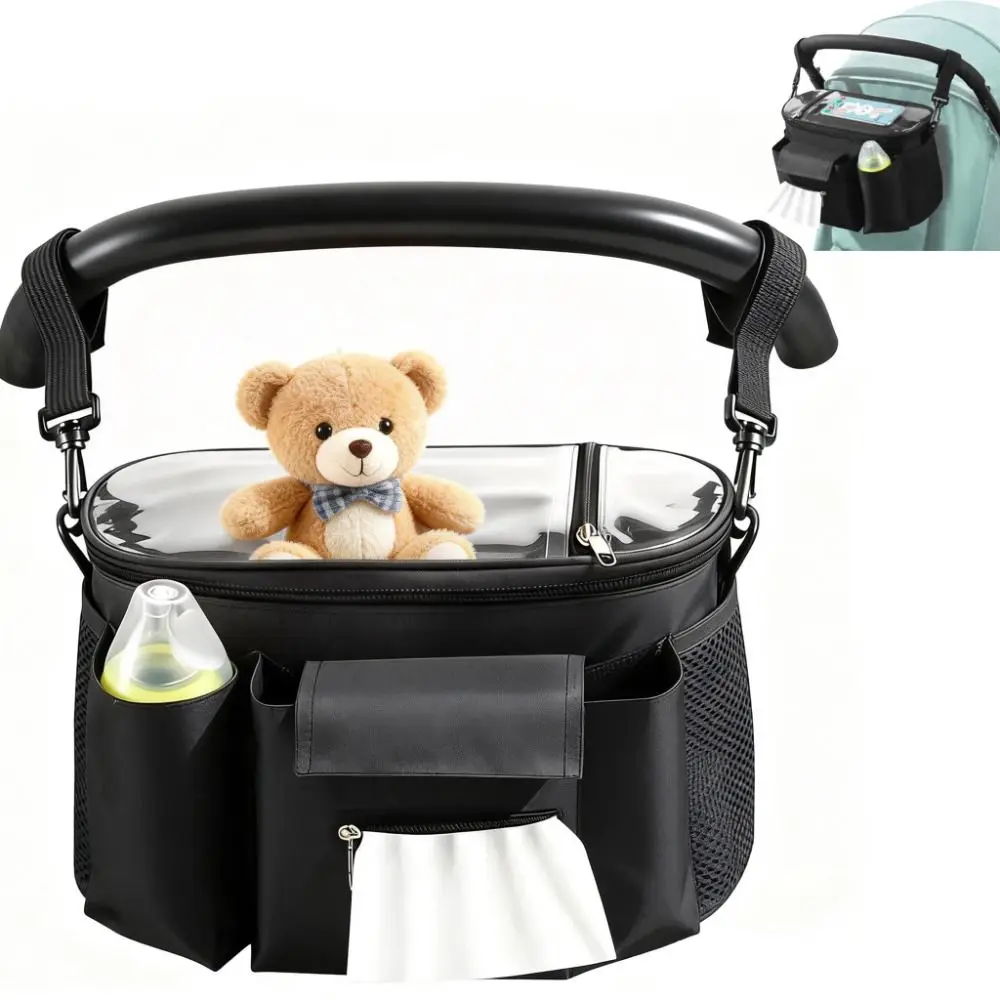 with Phone Window Stroller Organizer Bottle Pocket Hanging Straps Stroller Organizer Bag Side Mesh Pocket Zippered Compartment