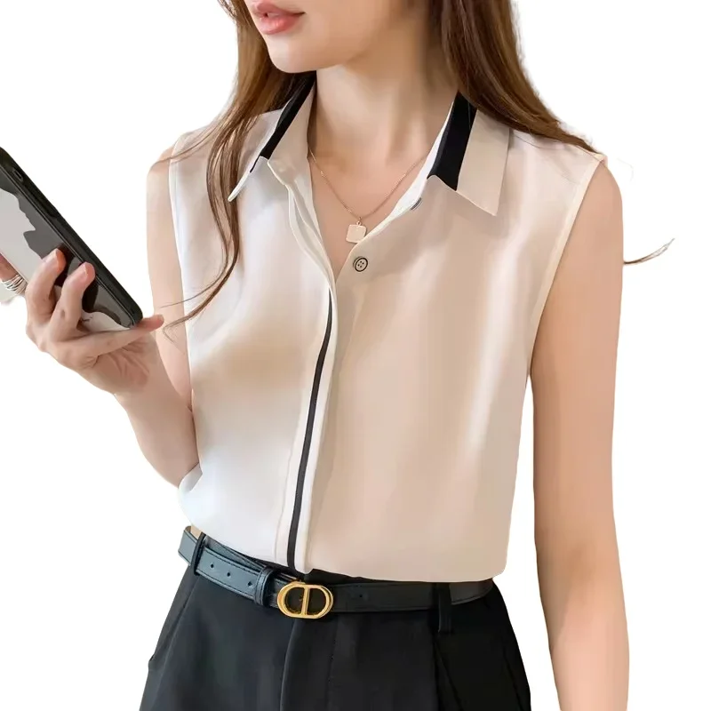 Chiffon Sleeveless Women Shirt New Korea Fashion Comfortable Breathable Casual Lapel Blouses Patchwork Loose Single-breasted Top