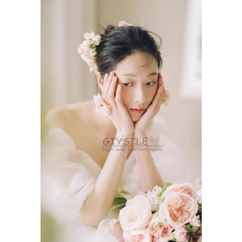 GIYSILE Aangepaste witte schouder mode fishtail trouwjurk Super Fairy 2025, nieuwe eenvoudige mesh feestjurken bubble mouw