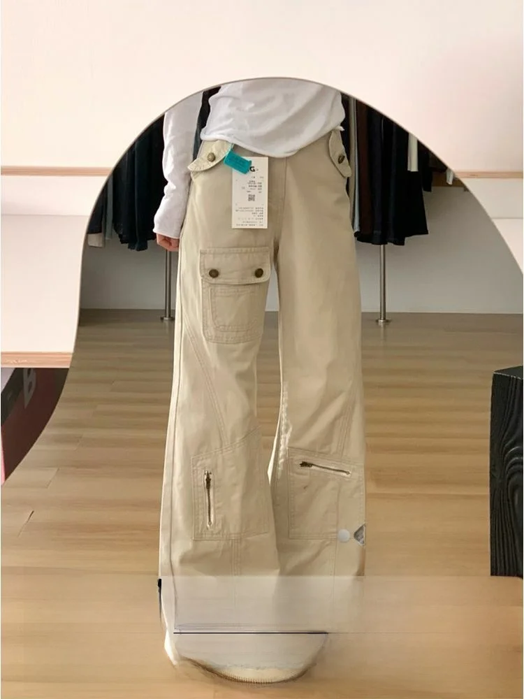 

Джинсы с высокой талией и широкими штанинами для женщин, новинка весенней коллекции, американский дизайн, с множеством карманов, длина в пол, модные рабочие брюки