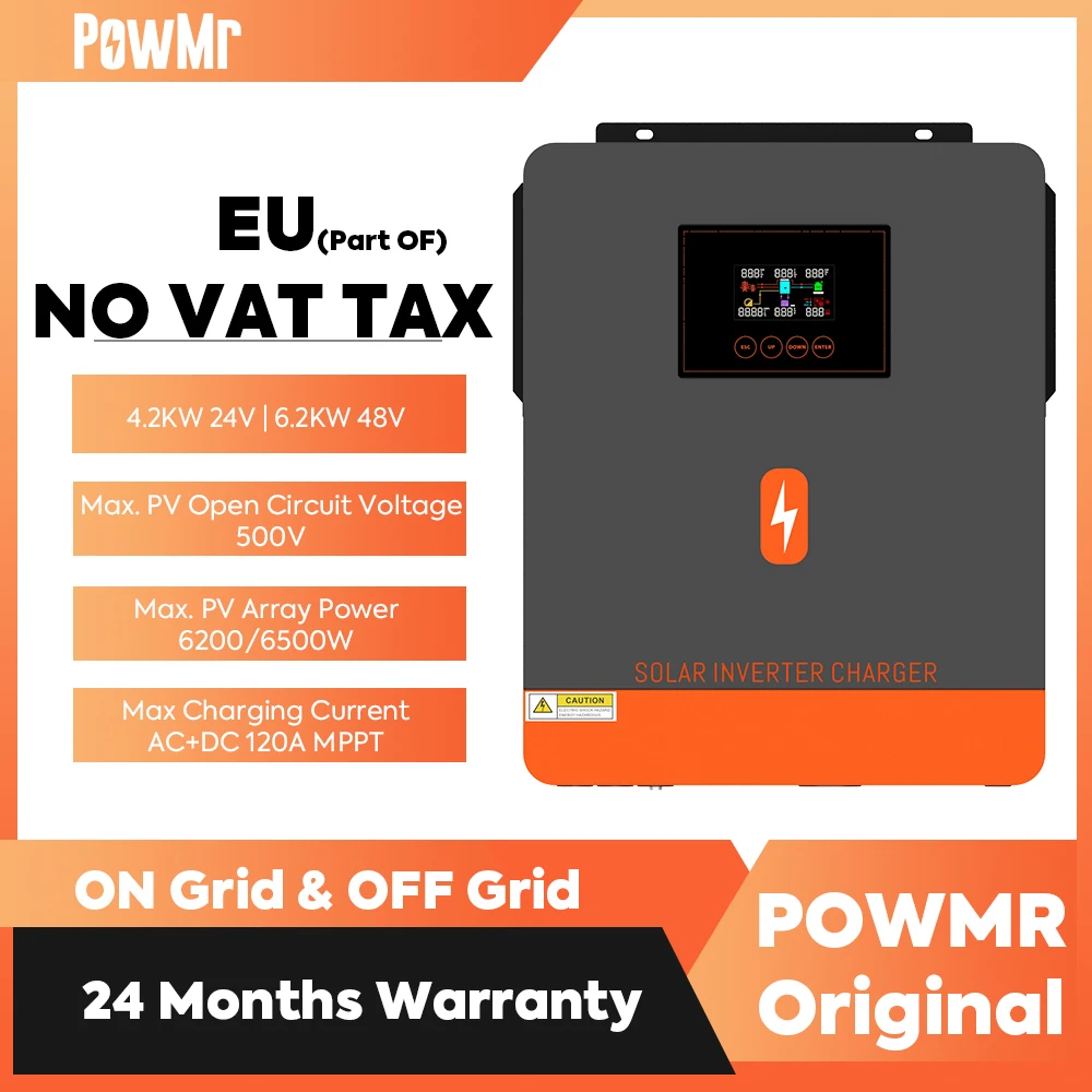 PowMr 4KW 24V 6KW 48V Solar Inverter On Off Grid Hybrid Solar MPPT 120A Grid Tie Inverter Pure Sine Wave 220V 230V