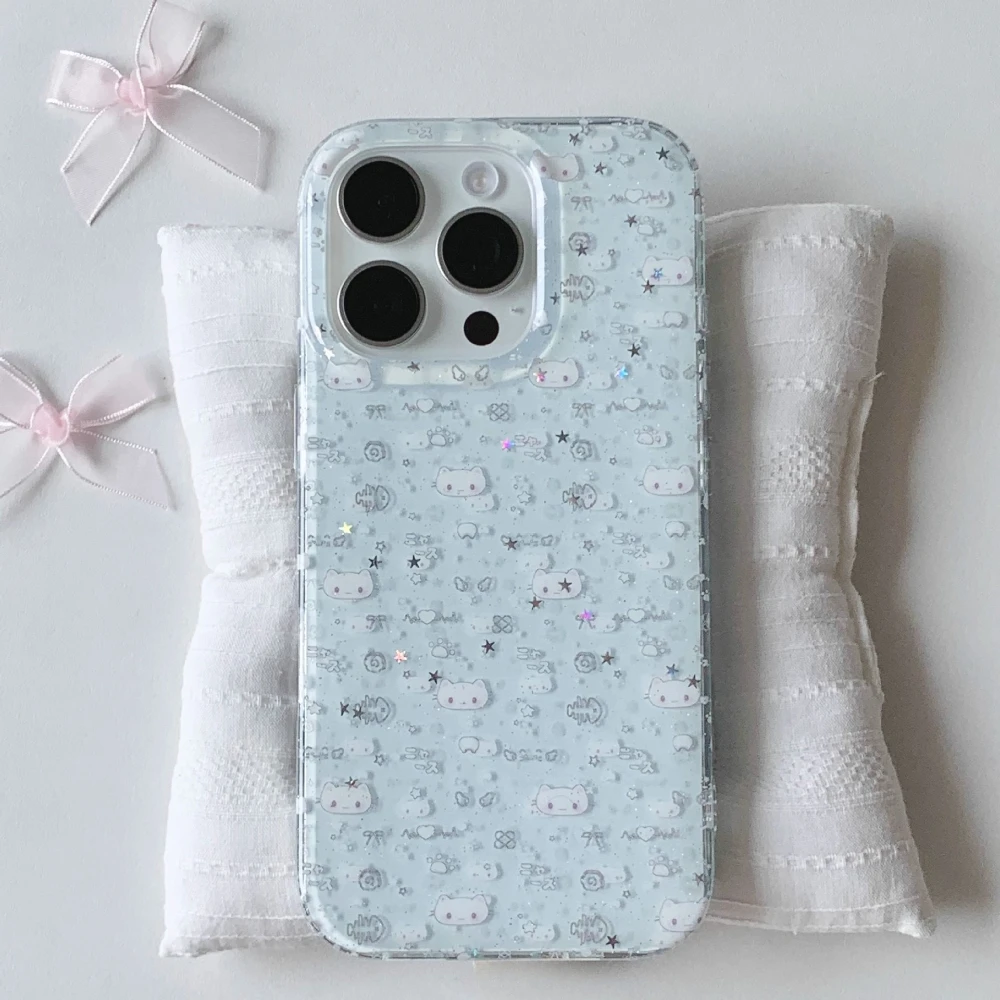 

Синий чехол для телефона с милым котом для iPhone 17, Air Pro Max 16, 15, 14, 13, 12, 11 XS MAX XR, защитный чехол с милым мультяшным узором и блестящей звездой