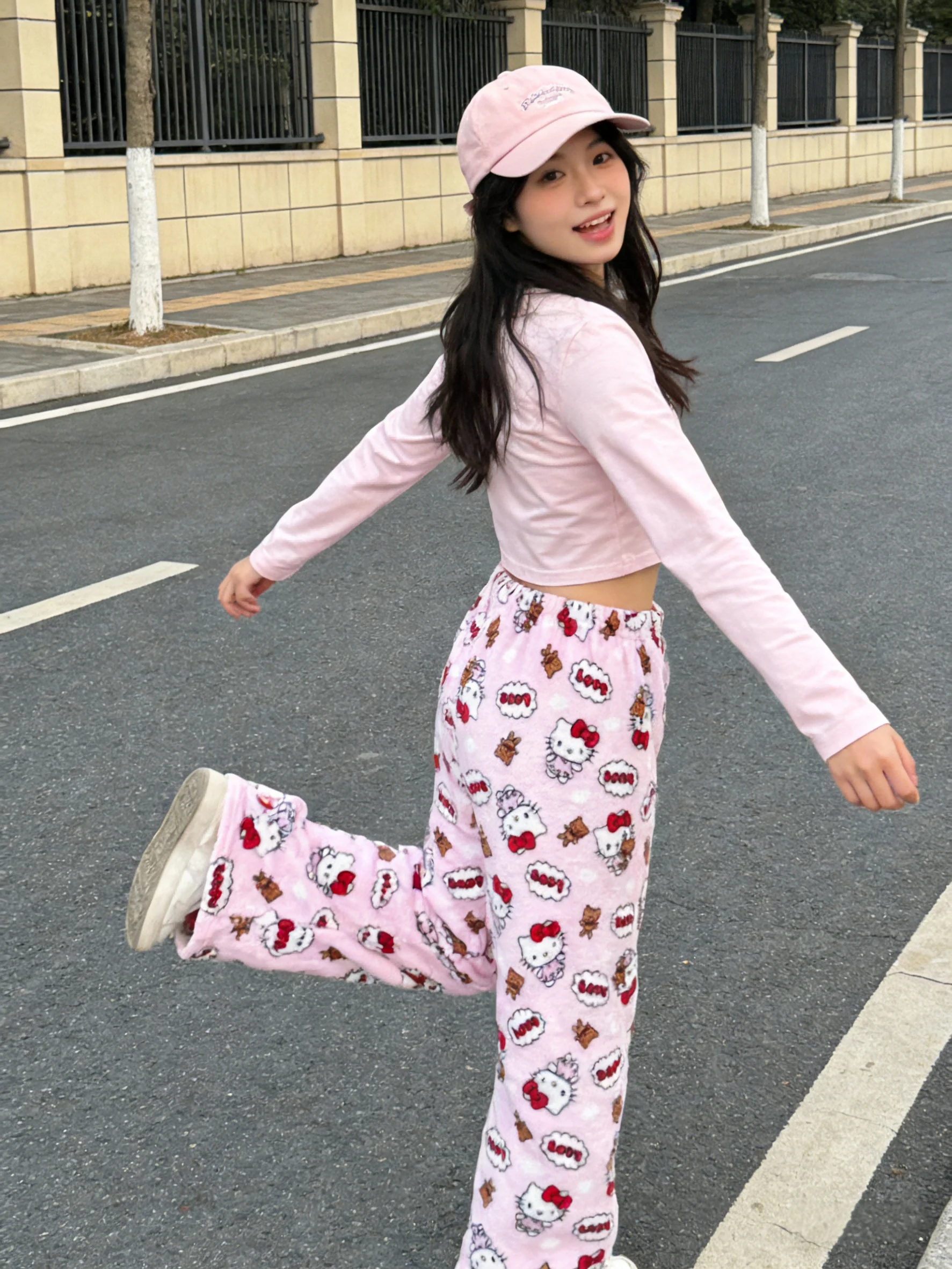 Hello Kitty flannel pajama pants, pink thermal fleece pants, lounge pants for home wear, perfect for parties! view 4