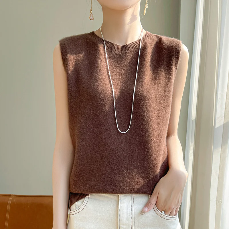 Seamless 100% Pure Wool Vest Women\'s Round Neck Pullover Spring/Summer New Needle Sleeveless Vest Solid Color Camisole
