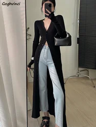 Cardigan Women Black Midi Outwear Chic V-neck All-match Streetwear Slim Sexy Autumn Coats Winter Female Ulzzang Leisure Ins