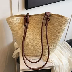Casual Large Capacity Straw Basket Bag Handmade Women Shoulder Bags Weave Summer Beach Bandbags Big Tote Bali Shopper Purses