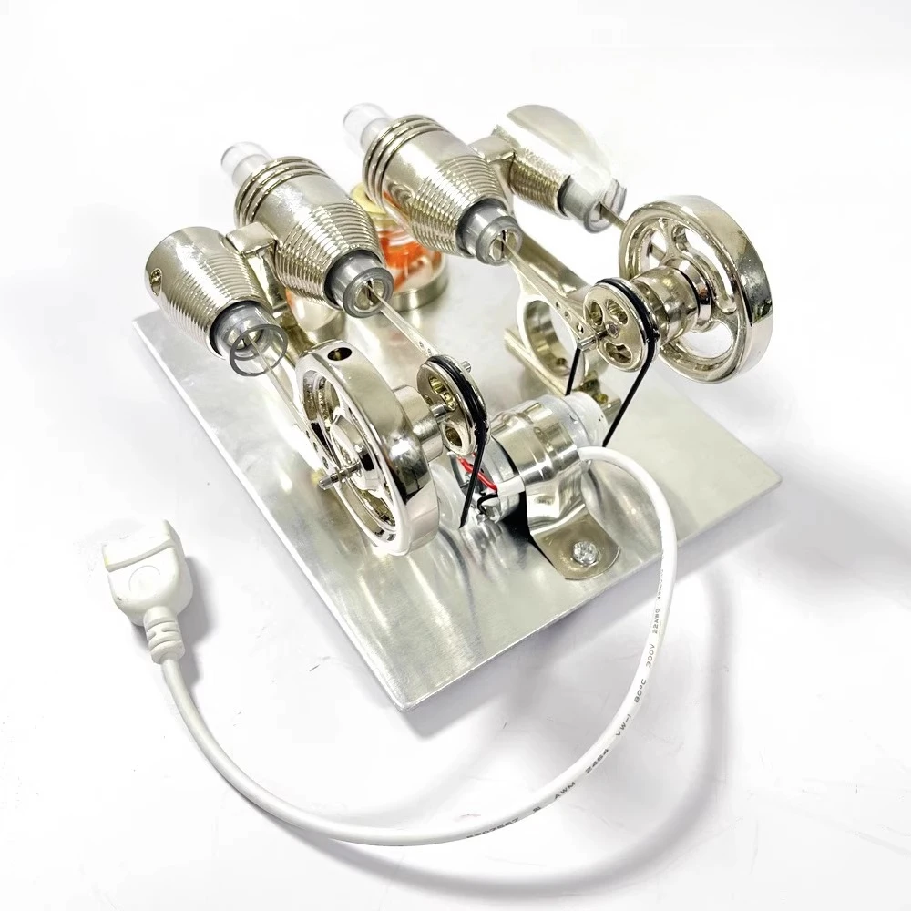 Nikola Classic Twin-Cylinder Stirling Engine 12V Power + LED Light Heating Launchable Model