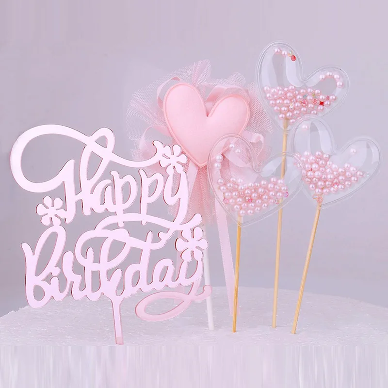 5Pcs Pink Love Birthday Happy Cake Top Birthday Cake Top Cute Love Paper Cup Cake Top Birthday Selection Pink Cake Decoration