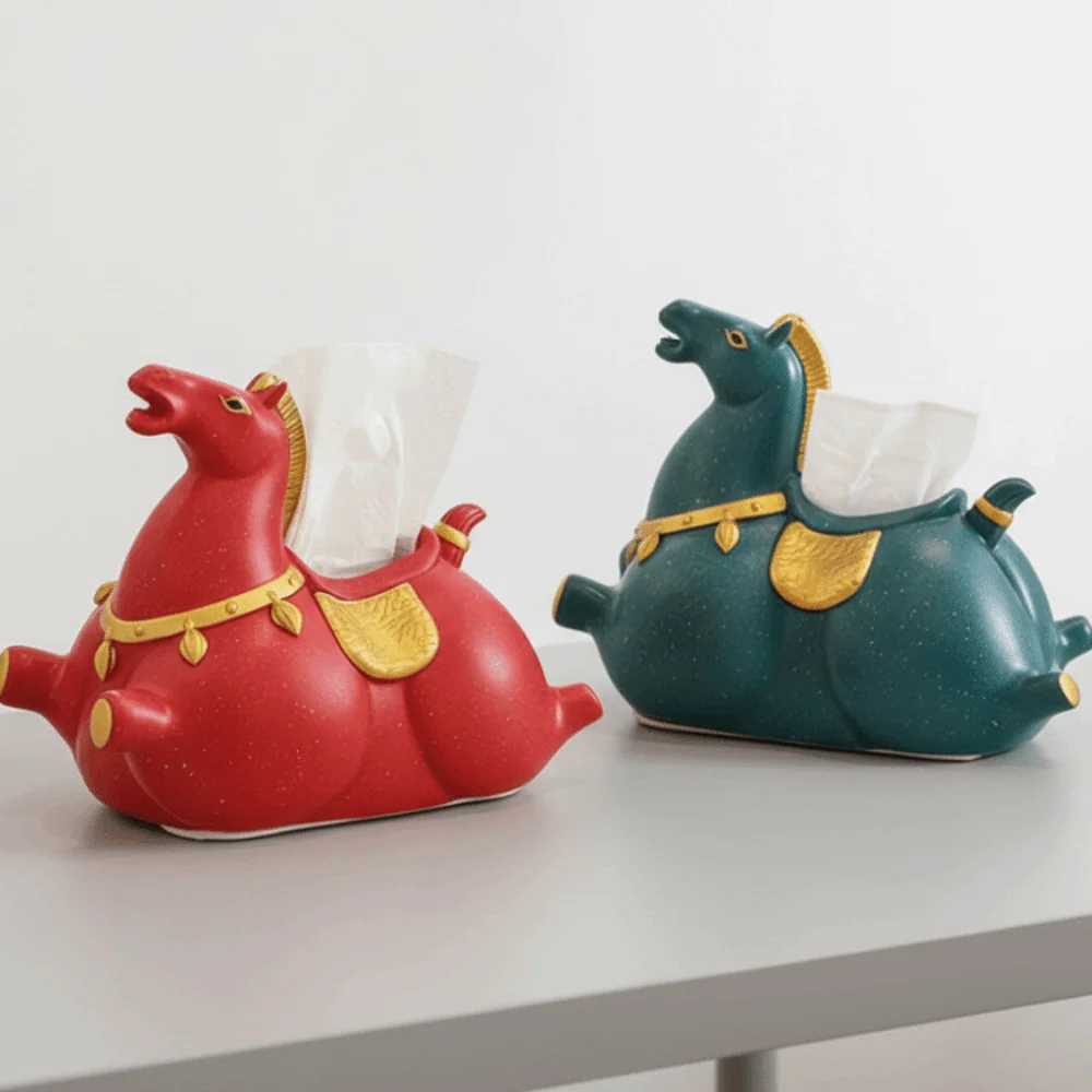 กล่องใส่กระดาษทิชชูรูปม้าสไตล์จีน กล่องเก็บกระดาษทิชชูรูปม้าตกแต่ง โมเดลฟิกเกอร์อนิเมะรูปม้า โมเดลม้าตามปีนักษัตร ของขวัญปีใหม่