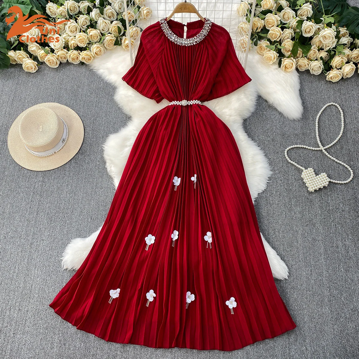 

UNI Crystal Luxury Formal Evening Dresses Women Summer Loose Big Size Short Sleeve Pleated Long Dress Female Party Dress