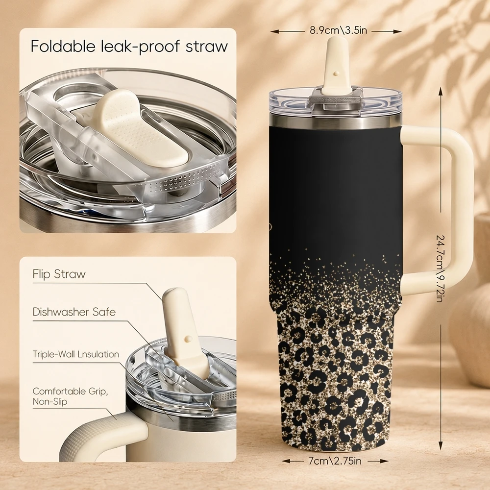 Fashion Leopard Cheetah Zebra Tiger Vacuum Flasks 40oz Thermal Tumbler Handle Stainless Steel Insulated Water Portable Mug Cup