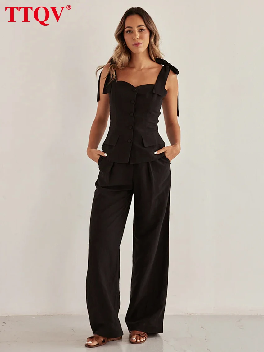 

TTQV Summer Slim Black Cotton Women's Two Pieces Set 2025 Fashion Sleeveless Tank Top With High Waist Wide Pants Set Female