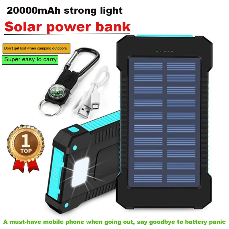 For Xiaomi Cargador Solar Portatil 20000mAh Cargador Solar with Lanyard Compass External Battery Outdoor Mobile Power Supply