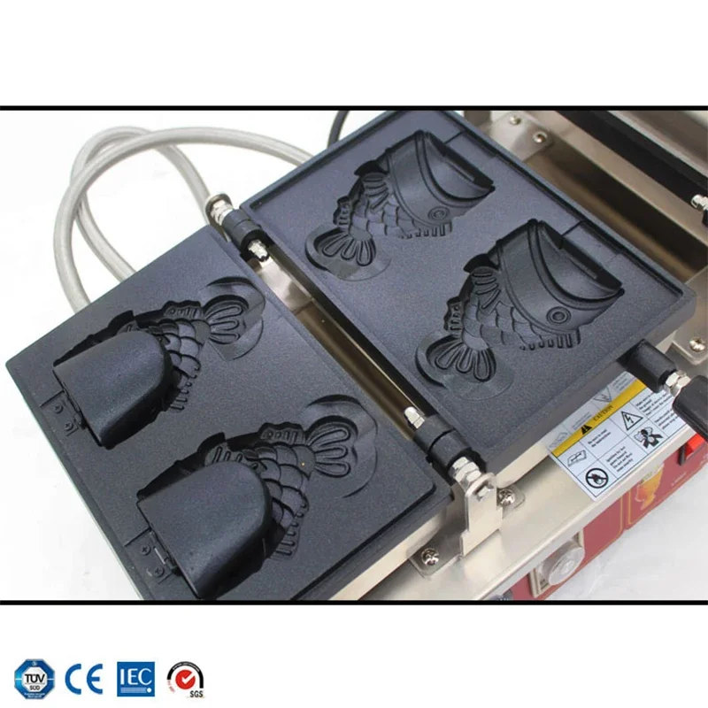 Máquina comercial de waffle taiyaki em forma de peixe, 110v 220v, boca aberta, máquina de sorvete taiyaki, padeiro de cone de peixe em equipamentos de catering