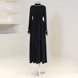 Black A-Line Ankle Length Evening Dress High Neck and Long Sleeves with Crystal and Feathers Women Belt Simple Custom Gowns