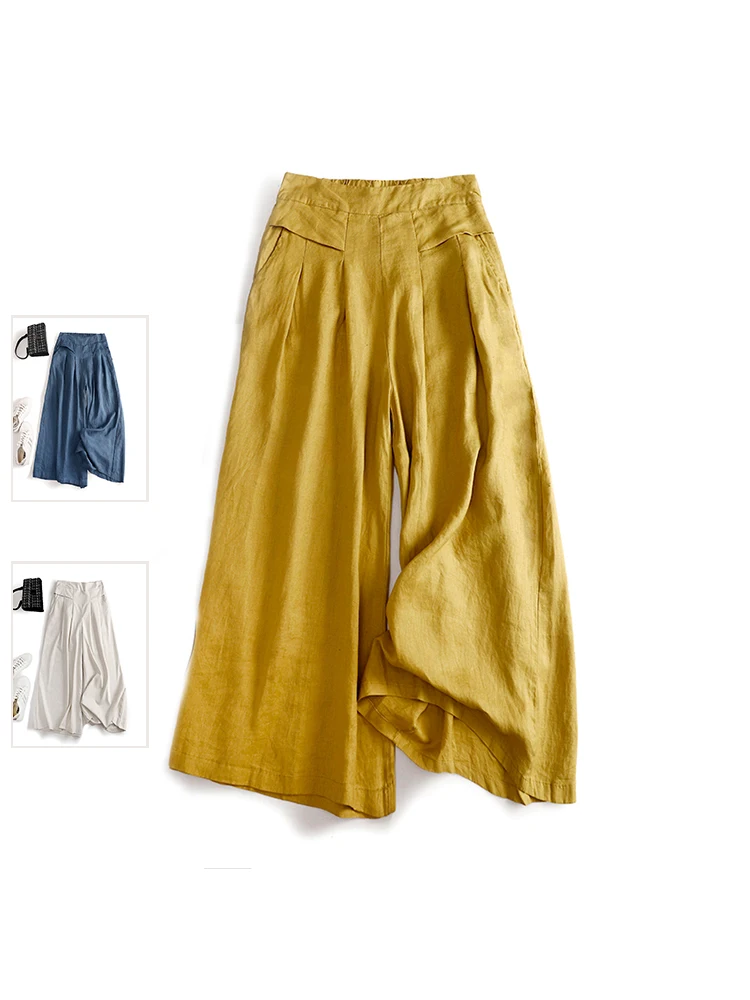 

High Waist Wide Leg Pants Cotton Linen Straight Cut Drapey Folded Design Casual Loose Fit Nine Points Thin Summer Trousers