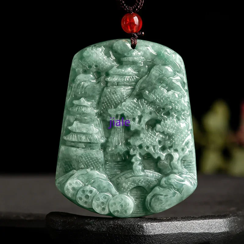 

Jia le/Hand Carved/ Natural Jade Bean Green Landscape Emerald Necklace Pendant Fine Jewelery Accessories Men Women Couple Gift