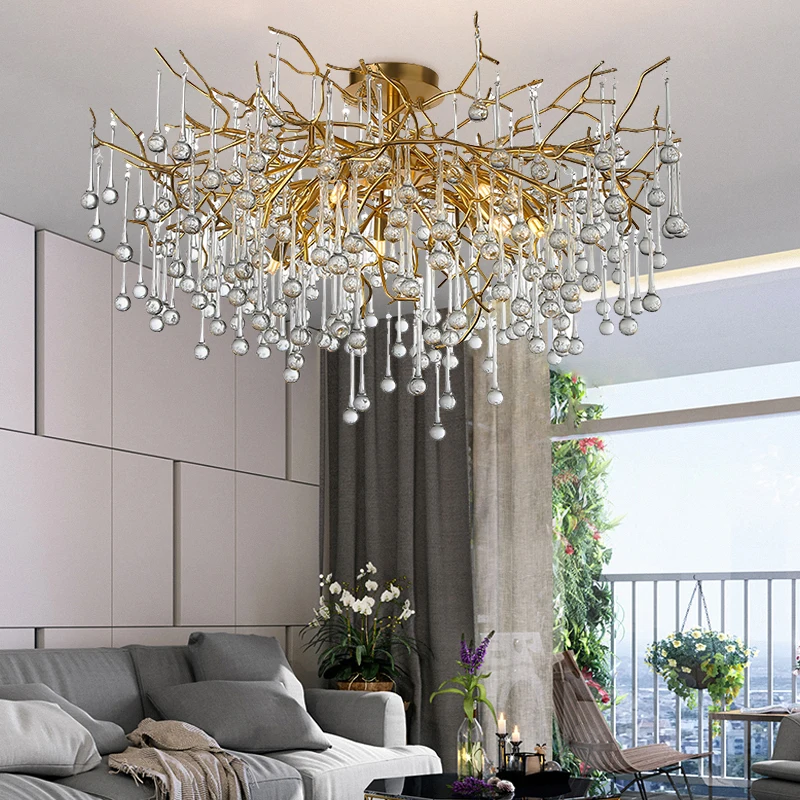 Luxury Modern Crystal Ceiling Bedroom Chandelier Round Glass Cristal Gold Tree Branch Ceiling Chandeliers For Living Dining Room