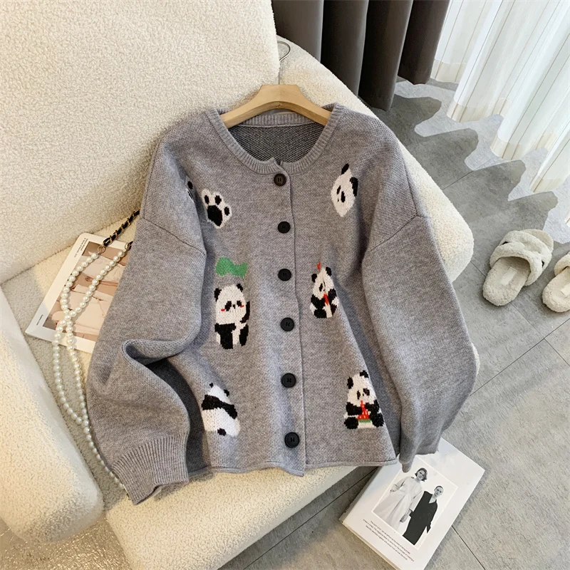 Women Cartoon Panda Autumn/Winter Sweater O-neck Long Sleeve Y2K Top Korean Retro Academy Fashion Cute 90s Sweater 2024 Clothing