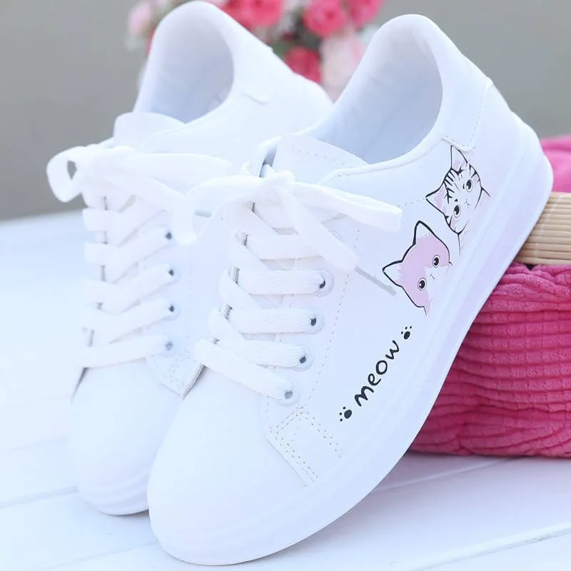 

2023 New Fashion Lace-up Women Sneakers Woman Casual Shoes Printed Summer Women's Pu Shoes Cute Cat Canvas White Shoe