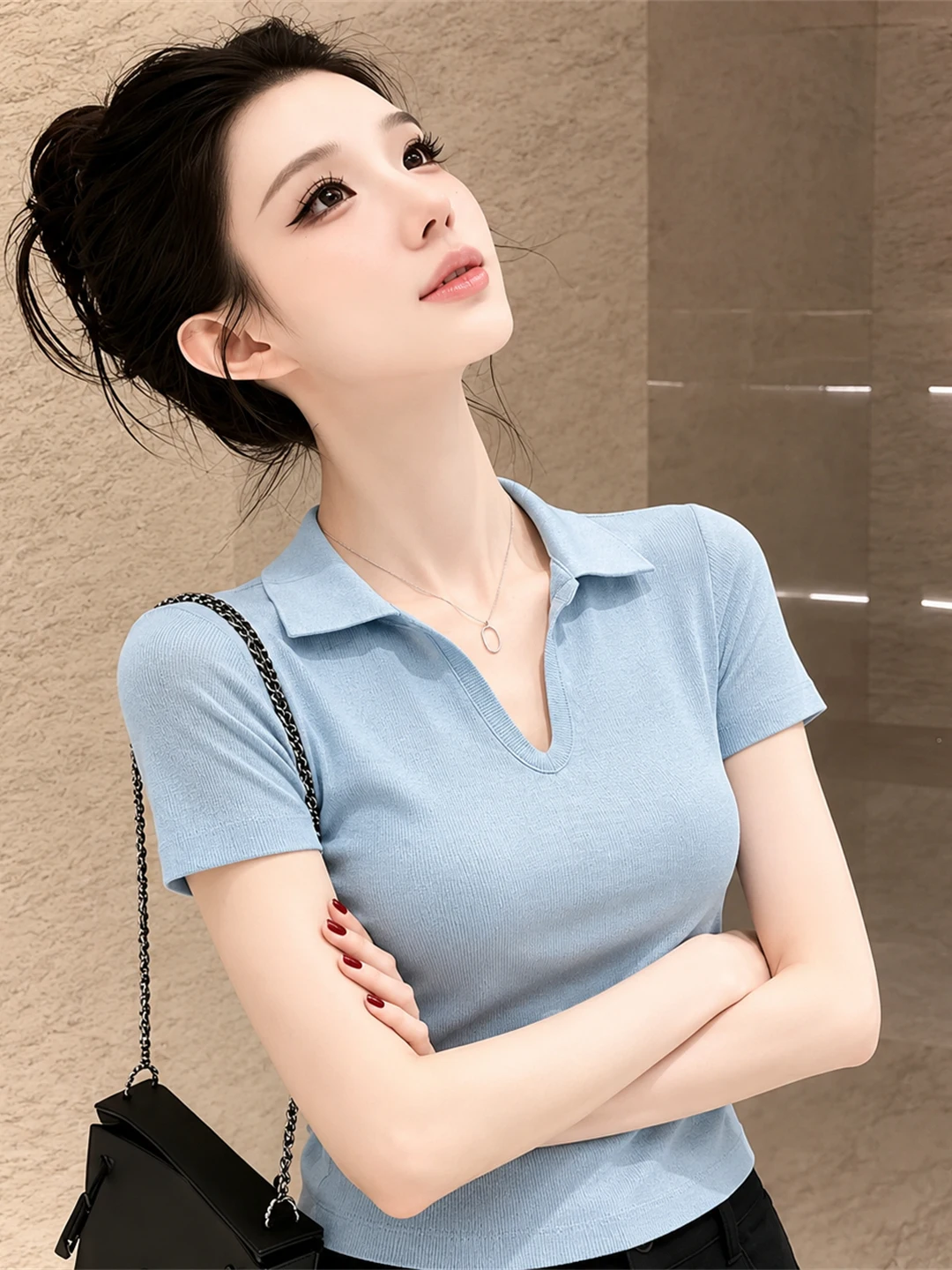 

Retro Collar Short Sleeve Women's T-Shirt Slim Fit Shoulder Pure Color Top Korean Style Straight Cut Commute Wear