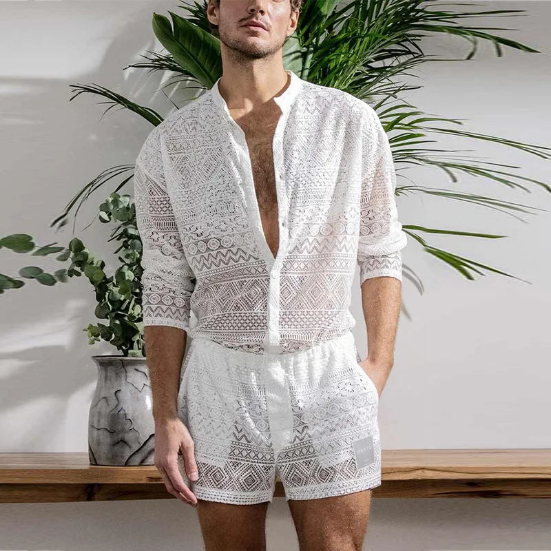 Fashion Boho Mens 2 Pcs Set Long-sleeved Shirt + Shorts Casual Streetwear Summer Mesh Loose Holiday Suits Sportswear Clothes