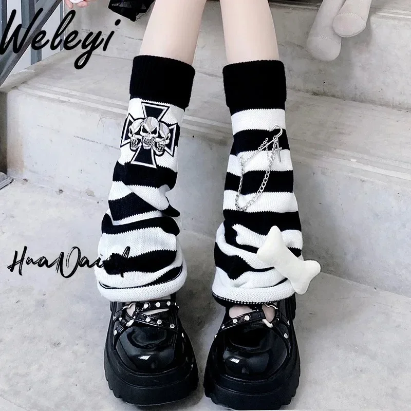 Y2k Jirai Kei Women's Middle Tube Socks Autumn and Winter Subculture Original Sweet Girl Black Grey Stripe Bone Lower Leg Socks