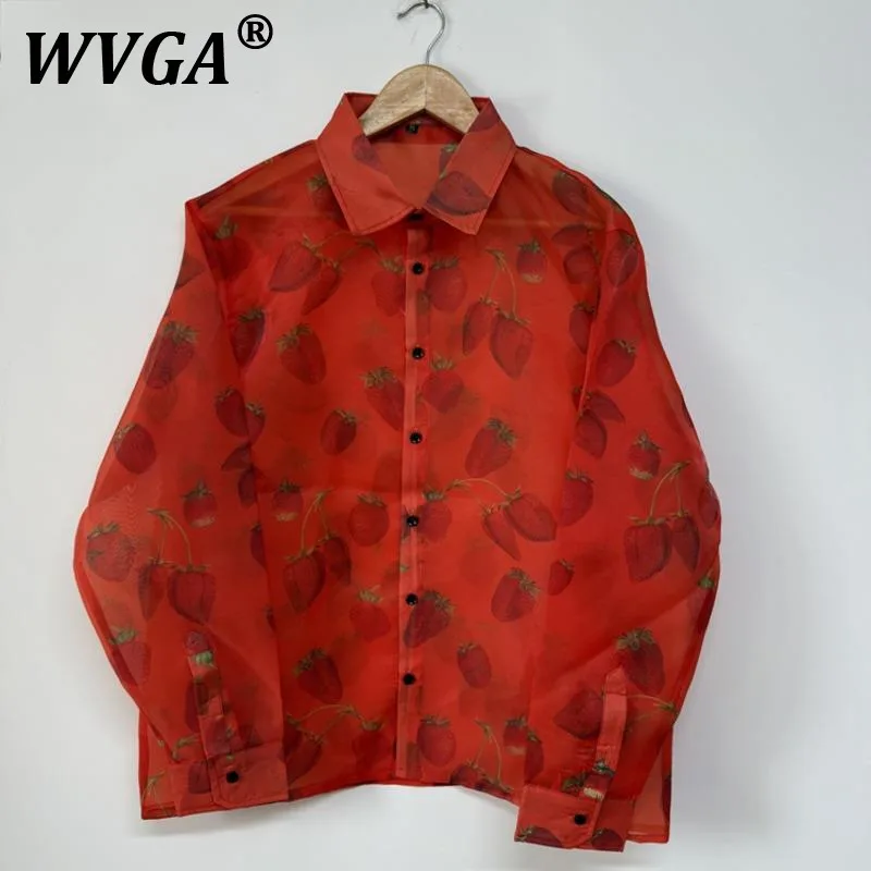 

WVGA Summer New Man Tide Strawberry Printed Semi-Sheer Organza Long Sleeve Shirts Chic Casual Personality Design Shirt Ins W8603