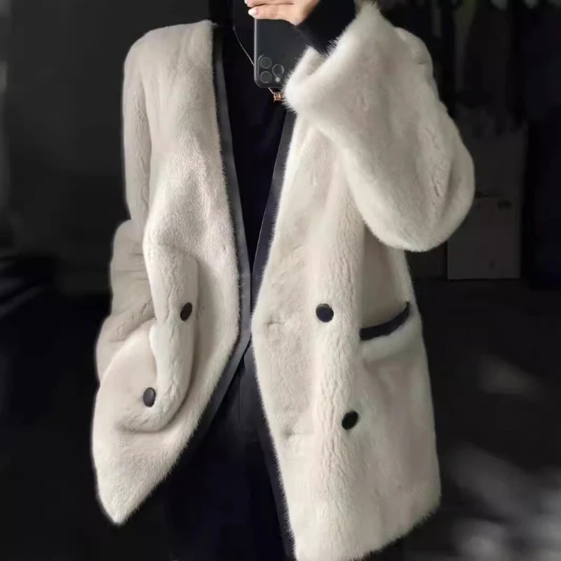 

2025 Winter New Women Faux Mink Fur Coat Thickened Long V Neck Jacket Fashion Outerwear
