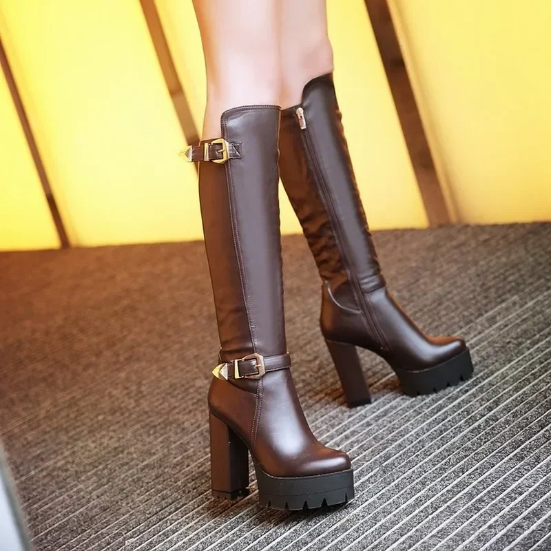 Women\'s Boots autumn winter new style fashion belt buckle Round head zipper Thick heel High heel High Boots