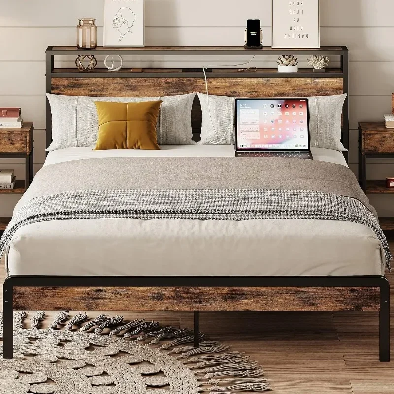 Platform Bed with 2-Tier Storage Headboard and Power Outlets, USB Ports Charging Station, Sturdy and No Noise, No Box Spring