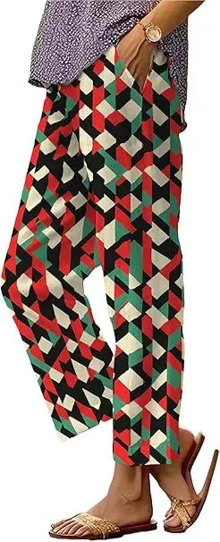 

Summer Linen Pants for Women Wide Leg Boho Pants Loose Palazzo Pants Floral Pants with Drawstring and Pockets
