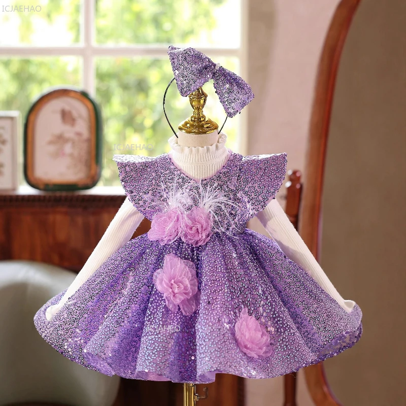 New Children Girls First Birthday Gown Sequin Princess Party Dress for Host Piano Performance Pageant Formal Celebration Costume