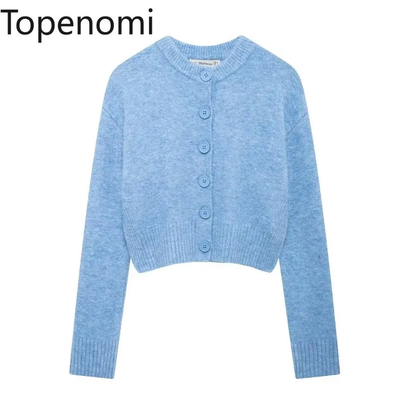 Topenomi Knitted Cardigan Women Autumn Winter Elegant O Neck Solid Short Sweater Coat French Simple Long Sleeve Lady Tops Jumper