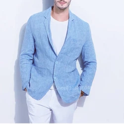 Traje de hombre Beige/azul, chaquetas de lino, traje informal de negocios, abrigos de diseñador, nueva ropa Formal de primavera y verano, Blazers ajustados