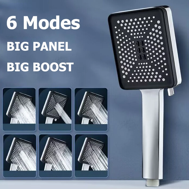 Novo 6 modos quadrado prata preto cabeça de chuveiro alta pressão poupança água bico massagem multifuncional chuveiro acessórios do banheiro