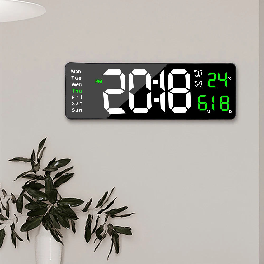 Large Digital Wall Clock Power Off Memory Table Clock Remote Control Wall-mounted Temp Date Week Display Dual Alarms LED Clocks