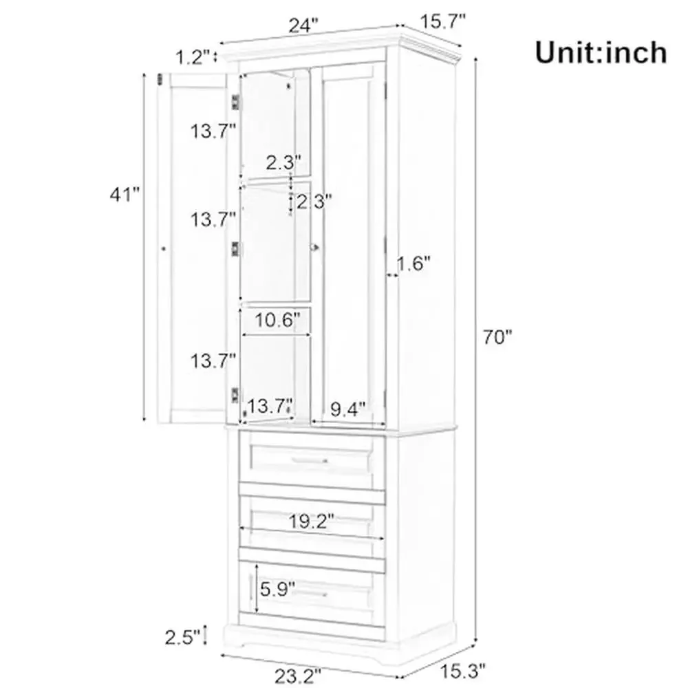 Tall Storage Cabinet with Adjustable Shelves and 3 Drawers Kitchen Pantry Cupboard Bookcase Organizer Bathroom Storage Furniture