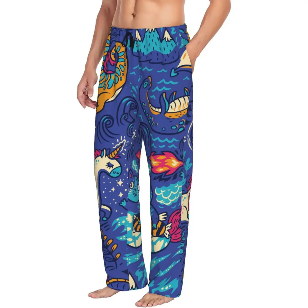 Custom Printed Men's Pajama Pants Unicorn Cat And Mermaid Lochness UFO Sleepwear Sleep Lounge Bottoms with Pockets