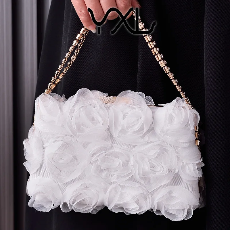 Chiffon Flower Evening Bag Champagne Color Ladies Cheongsam Bag Handmade Dress Bag Diamond Jewelry Bag