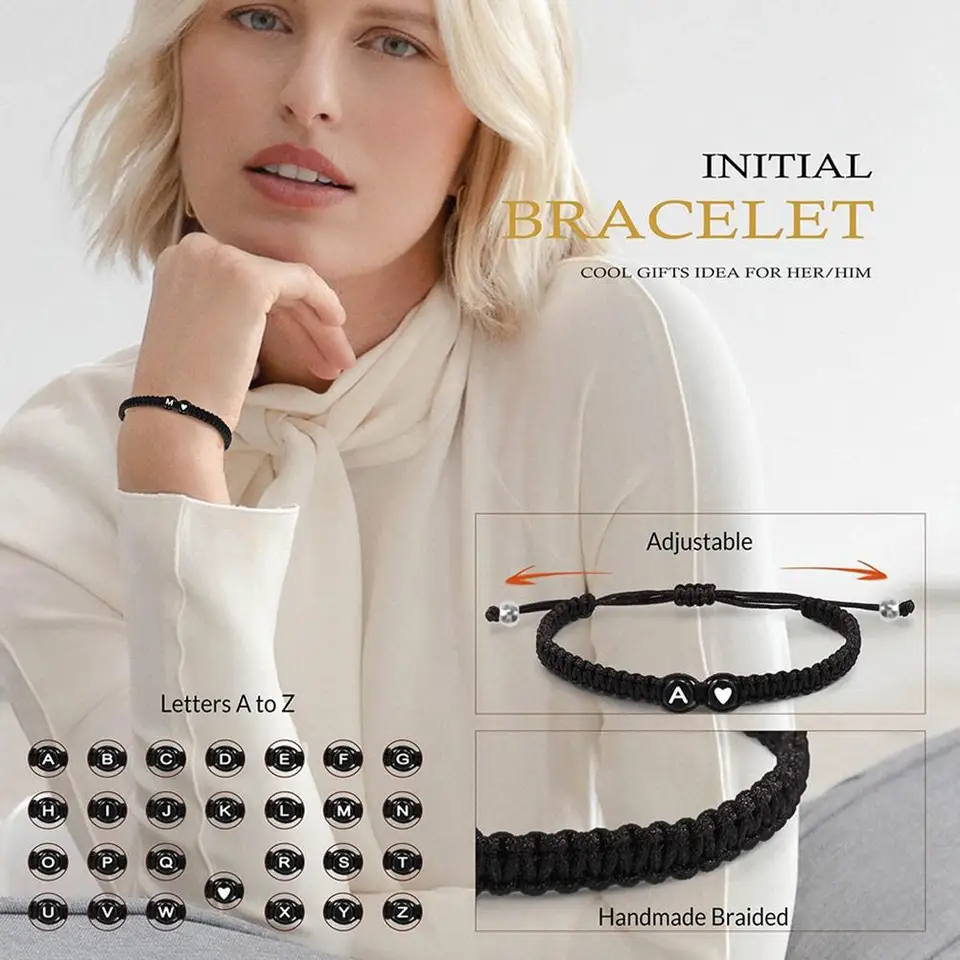 Pulsera de corazón tejida a mano con letras A-Z, cuerda trenzada, ajustable, para parejas y amigos 2