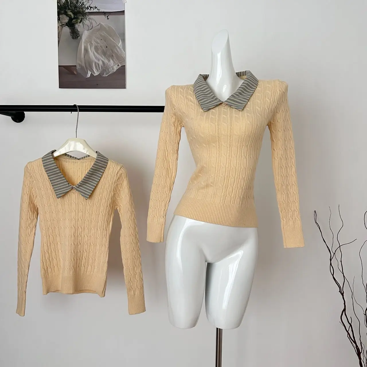 

Желтый вязаный свитер с витой полоской и v-образным вырезом, женская зимняя верхняя одежда, искусственный двухсекционный топ из клеевого волокна, повседневная удобная мода