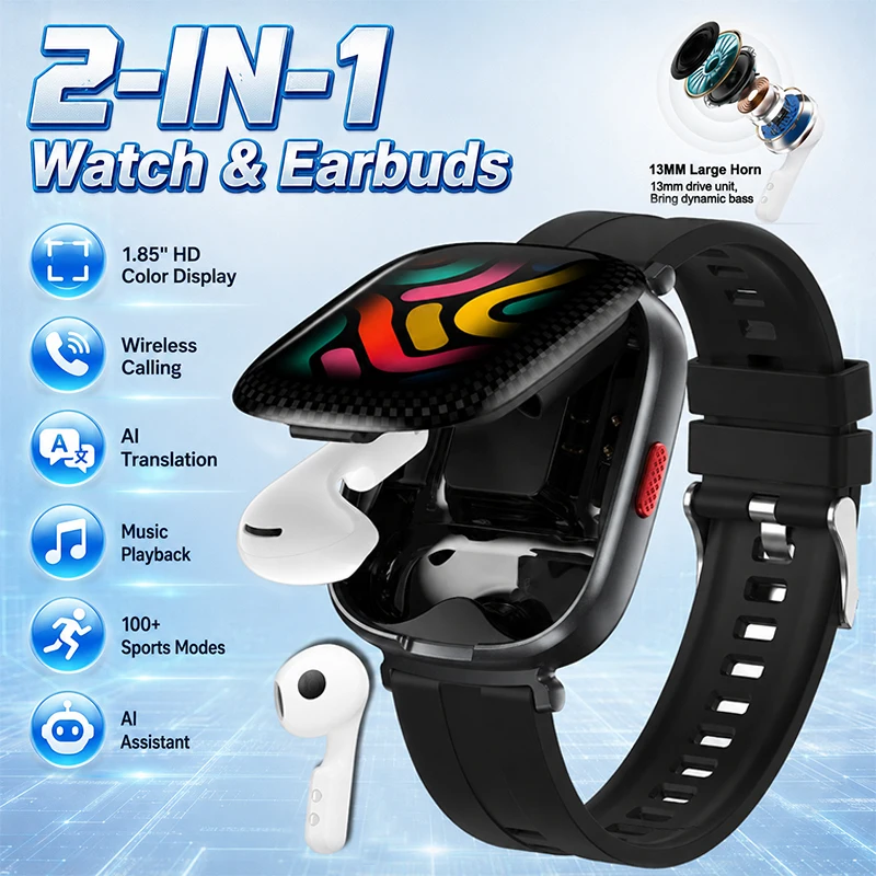2-IN-1 Watch & Earbuds AI Translation Bluetooth Call Headphones Wireless Call AI Assistant 100+ Sports Data Tracking Smart Watch