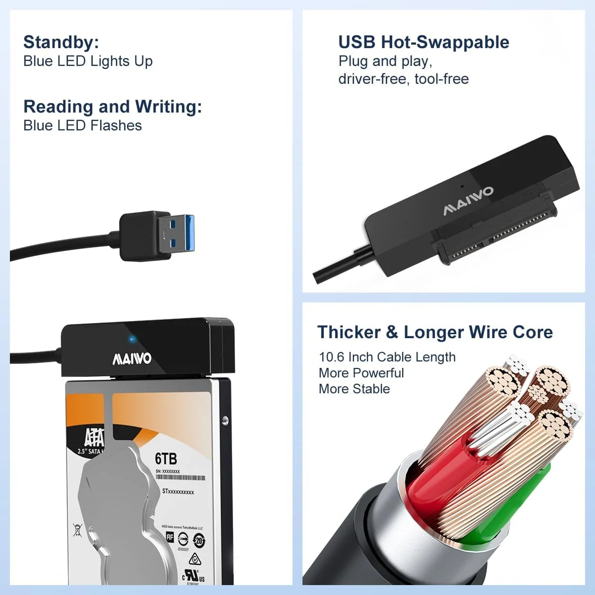 MAIWO USB 3.0 2.5인치 HDD SSD 외장 스토리지 케이스 SATA 5Gbps 하드 드라이브 디스크 박스 (PC 노트북 플러그 앤 플레이 지원, 7-9.5mm)