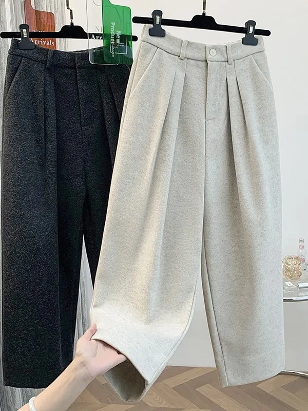 

Повседневные шаровары, шерстяные костюмные брюки, плиссированные дизайнерские зимние новые женские брюки больших размеров с эффектом похудения, повседневные брюки для отдыха