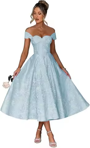 Off Shoulder Tea Length Prom Dress for Women Satin Floral Jacquard A Line Corset Cocktail Dress Evening Gown Women Elegant